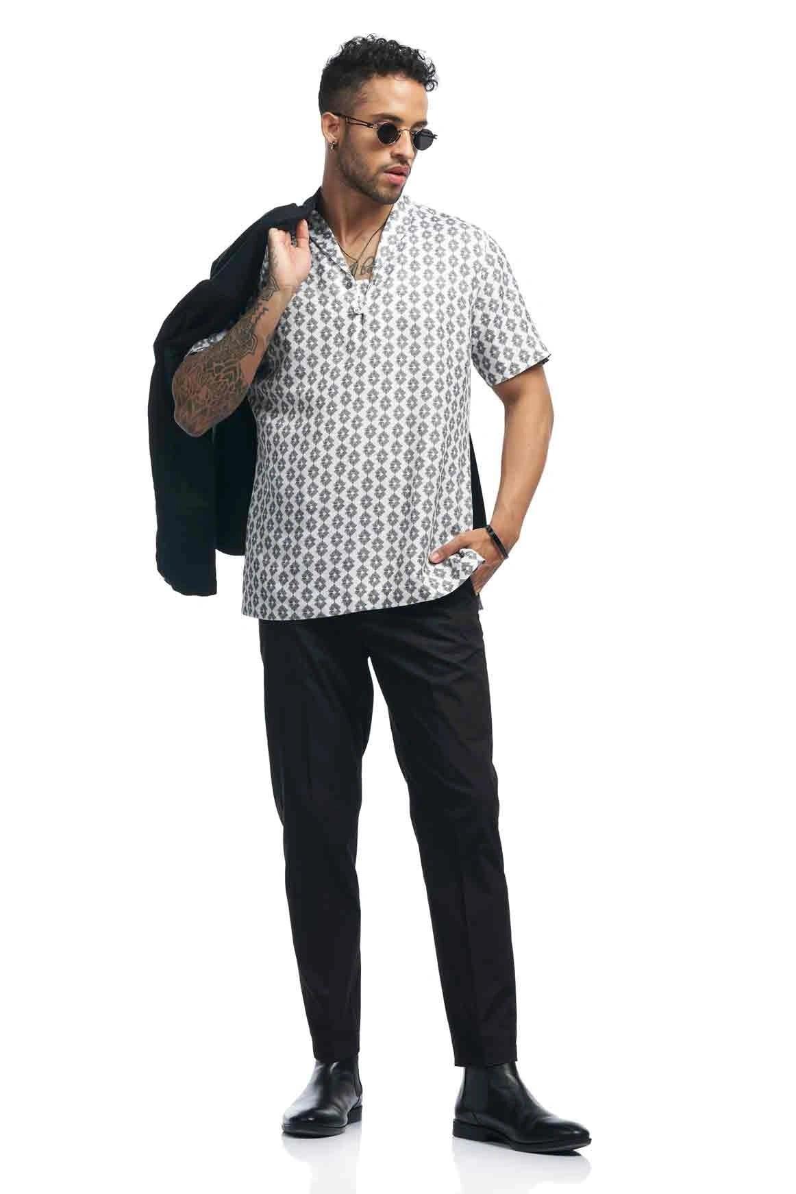 Shawl collar linen blend printed Qurta Shirt- NavNiv