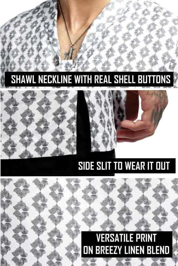 Shawl collar linen blend printed Qurta Shirt- NavNiv