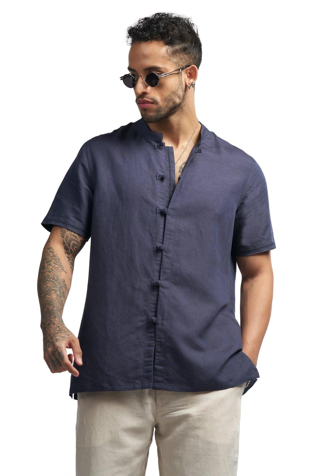 Linen blend Qurta Shirt with knot button closure & embroidery - NavNiv