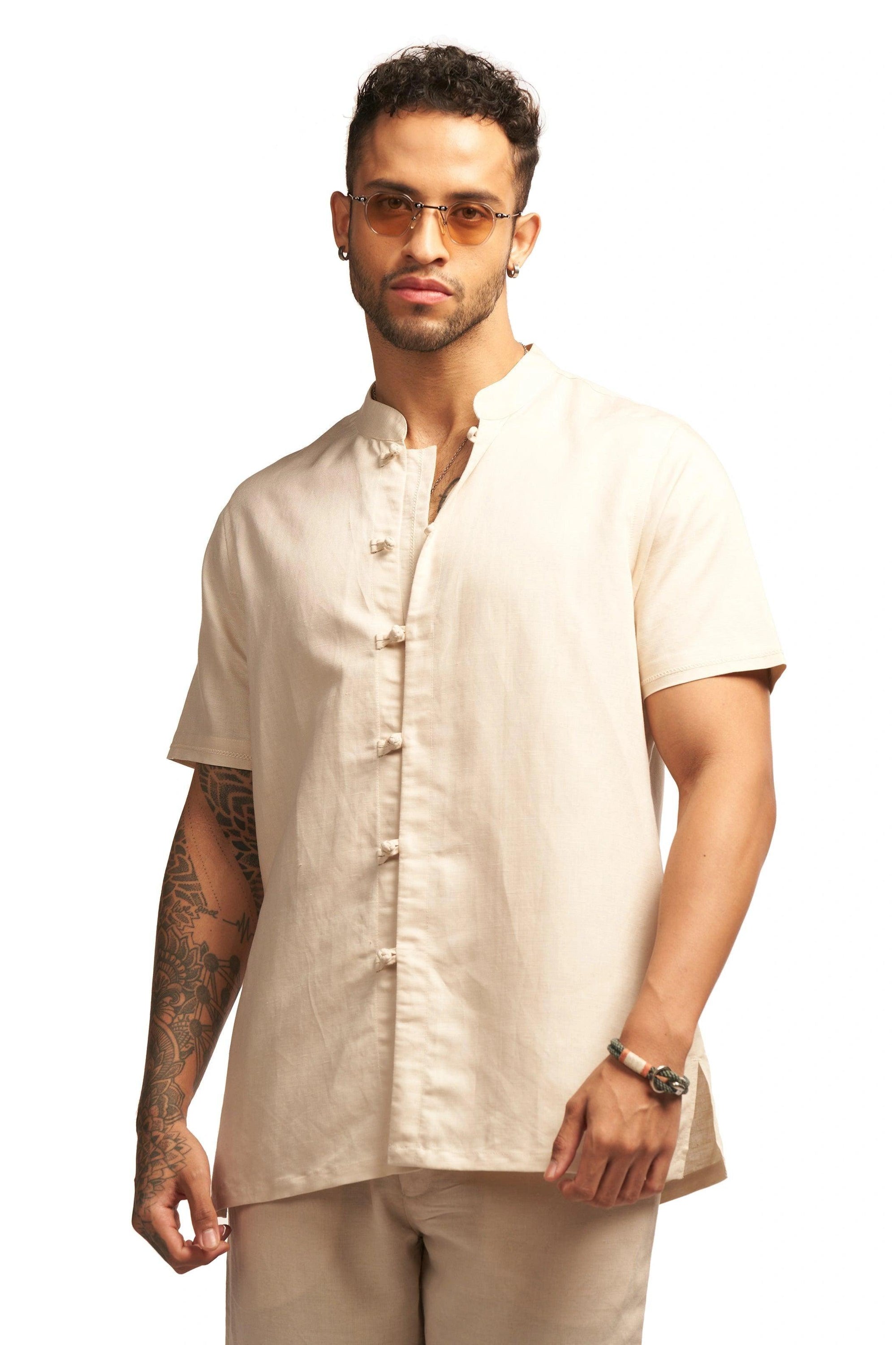 Linen blend Qurta Shirt with knot button closure & embroidery - NavNiv