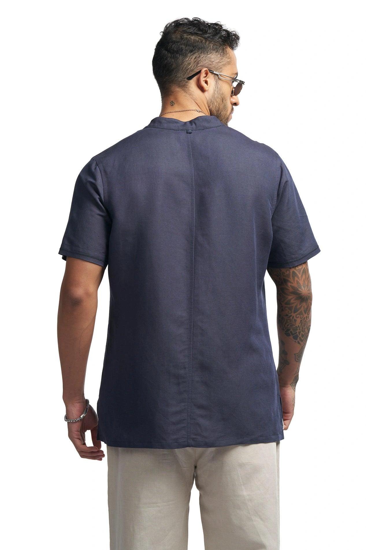 Linen blend Qurta Shirt with knot button closure & embroidery - NavNiv