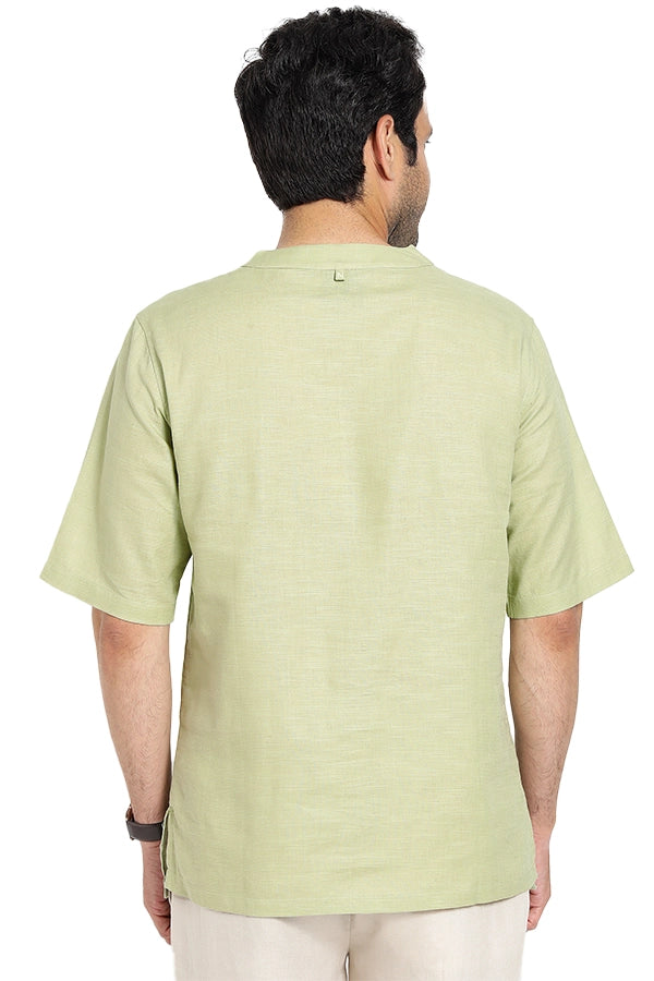 Linen blend Qurta Shirt with stylised neckline - NavNiv