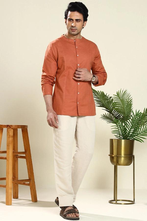 Linen Blend Dot-Stitch Panel Qurta Shirt -NavNiv