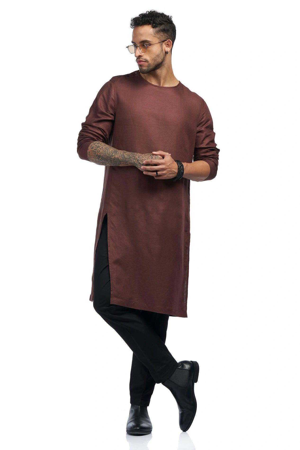 Front slit linen blend dobby Qurta - NavNiv