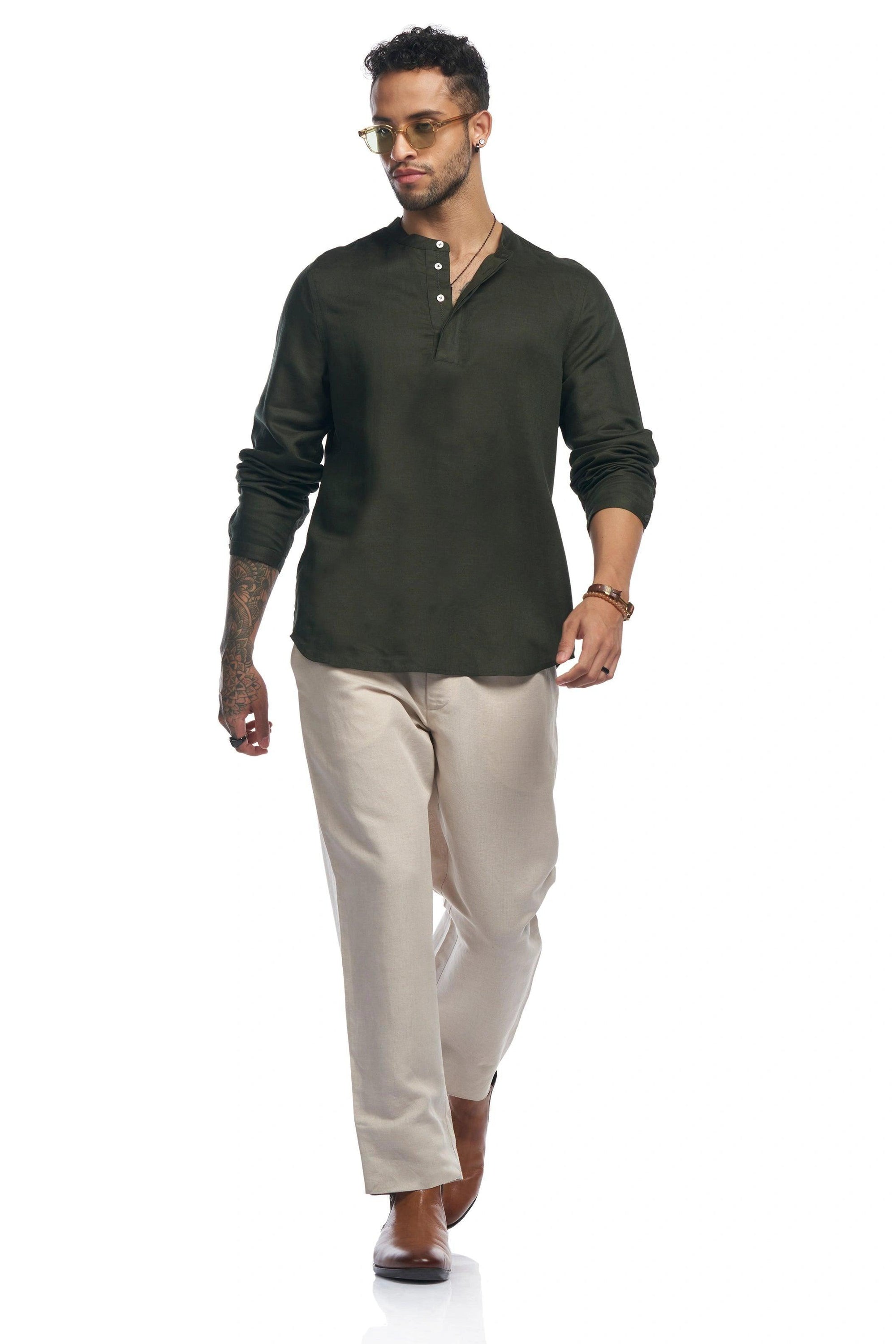 Linen blend Shurta with half-placket and rounded hem - NavNiv