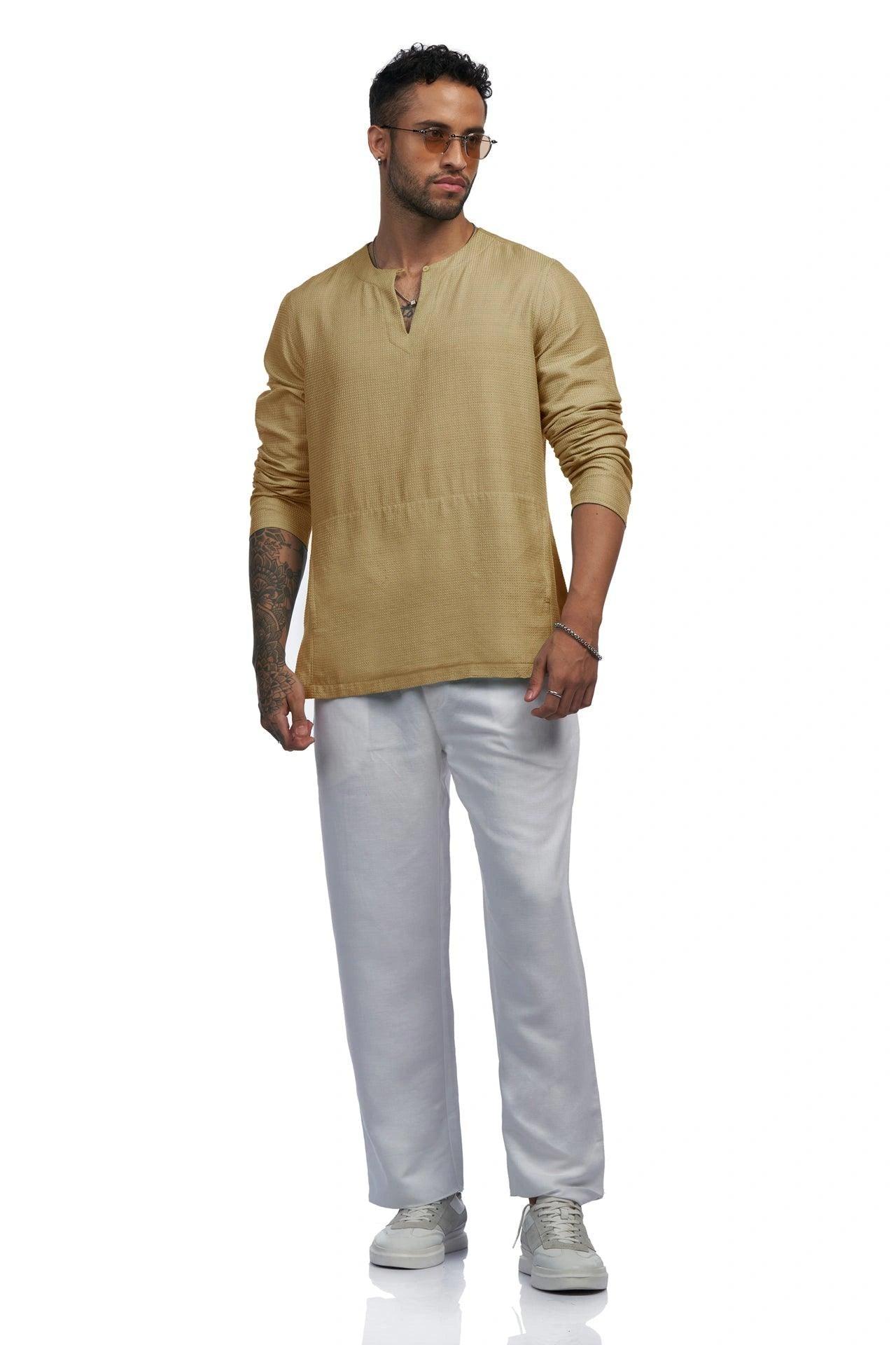 cotton silk round neck Shurta with kangaroo pockets - NavNiv