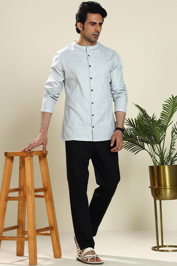 Linen Blend Dot-Stitch Panel Qurta Shirt - NavNiv