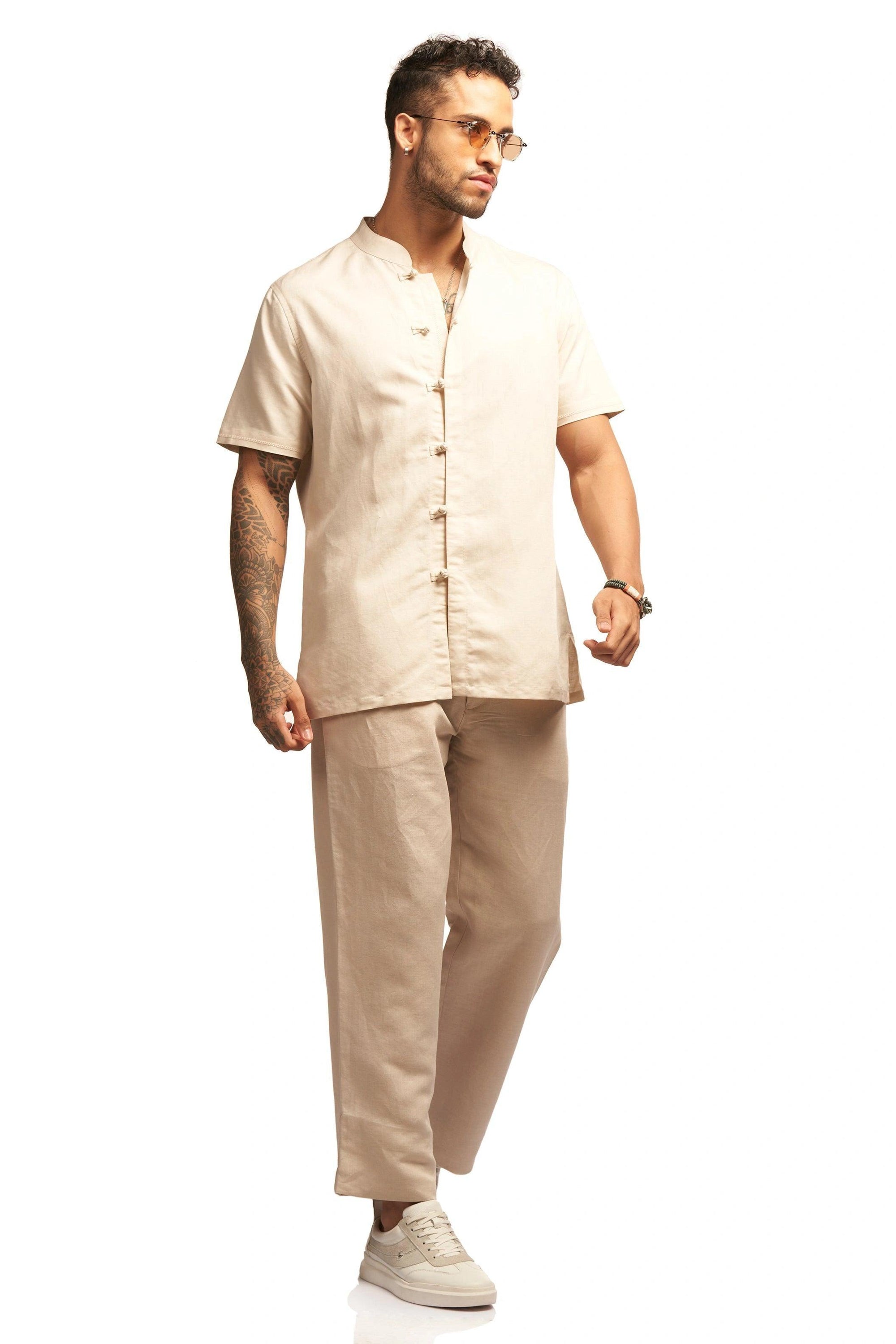 Linen blend straight Pants with drawstring - NavNiv