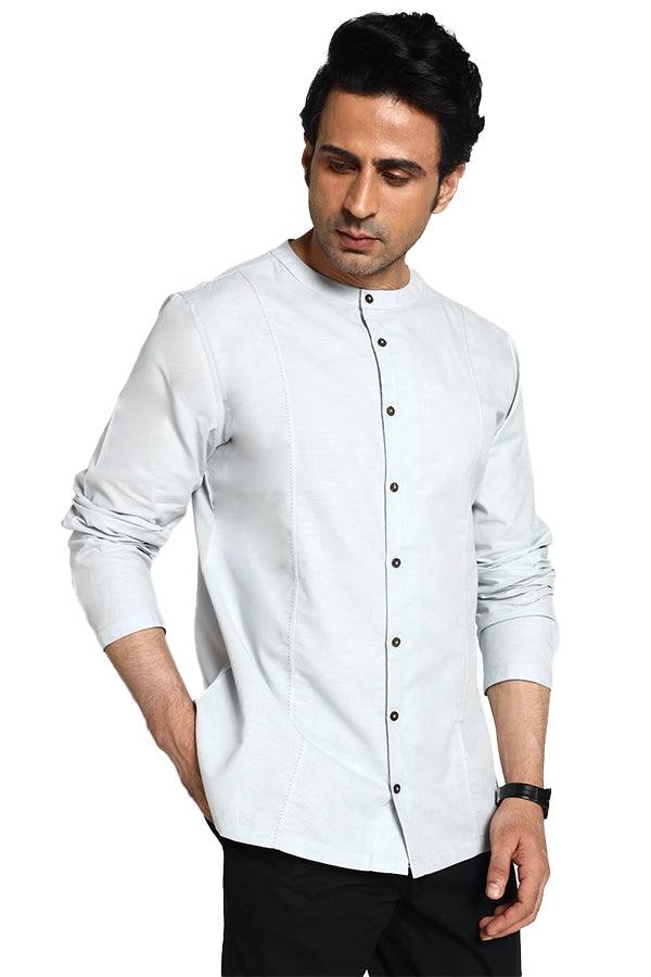 Linen Blend Dot-Stitch Panel Qurta Shirt - NavNiv