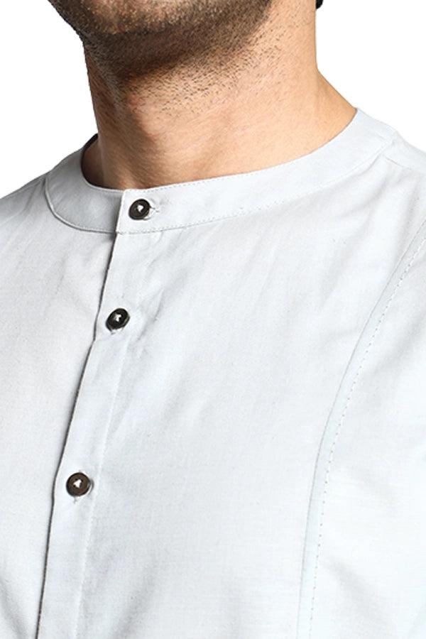 Linen Blend Dot-Stitch Panel Qurta Shirt - NavNiv