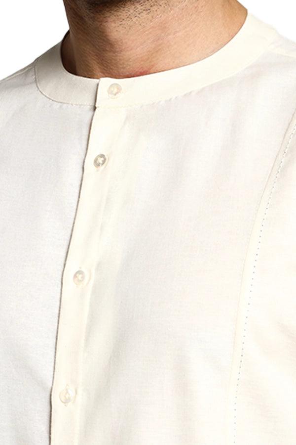 Linen Blend Dot-Stitch Panel Qurta Shirt - NavNiv