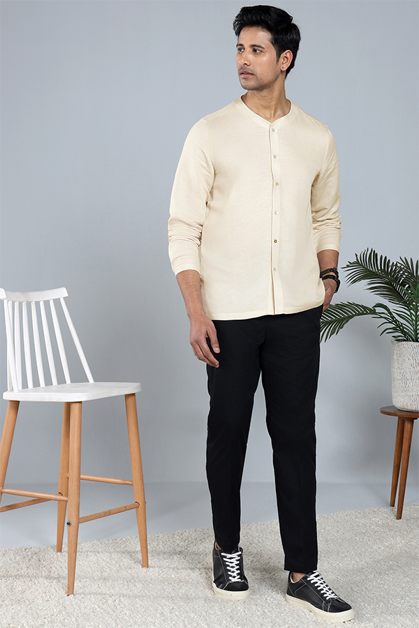 Stylised neckline full sleeve Linen blend Qurta Shirt