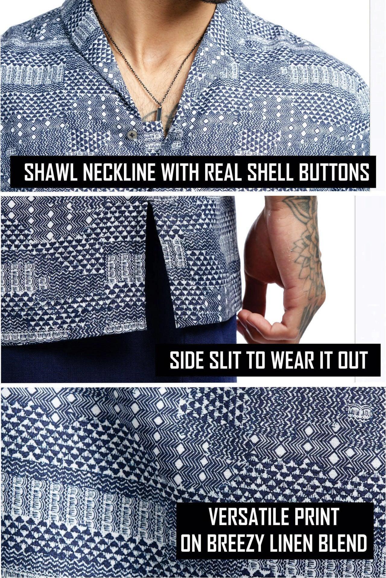 Shawl collar linen blend printed Shurta - NavNiv