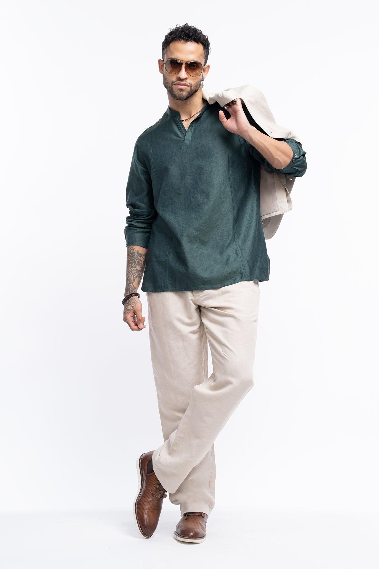 cotton silk henley neck Qurta Shirt - NavNiv