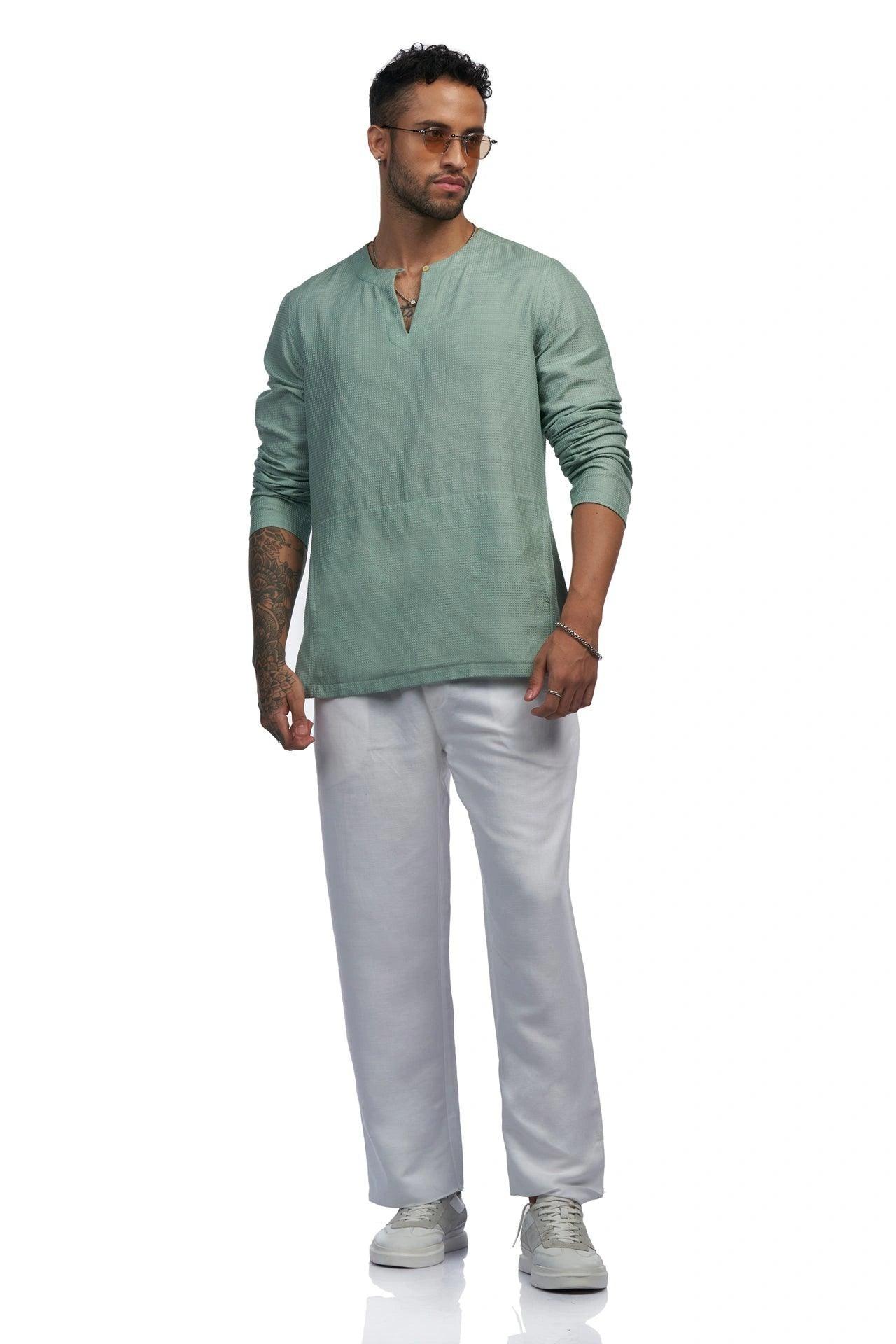 cotton silk round neck Qurta Shirt with kangaroo pockets - NavNiv