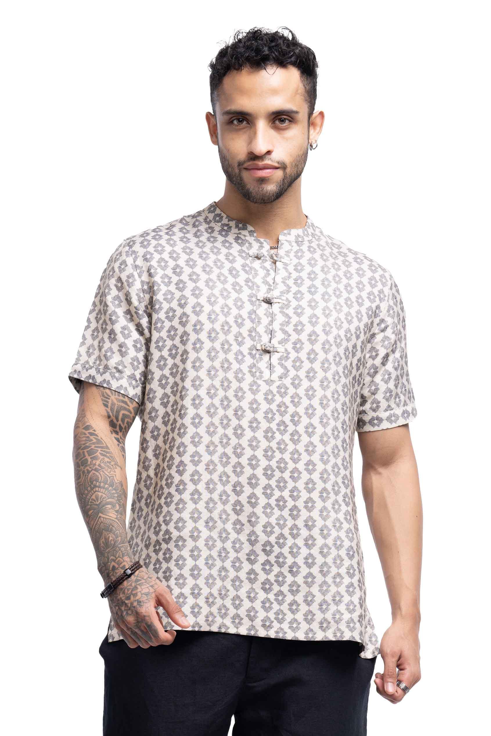 Knot button linen blend printed Qurta Shirt - NavNiv