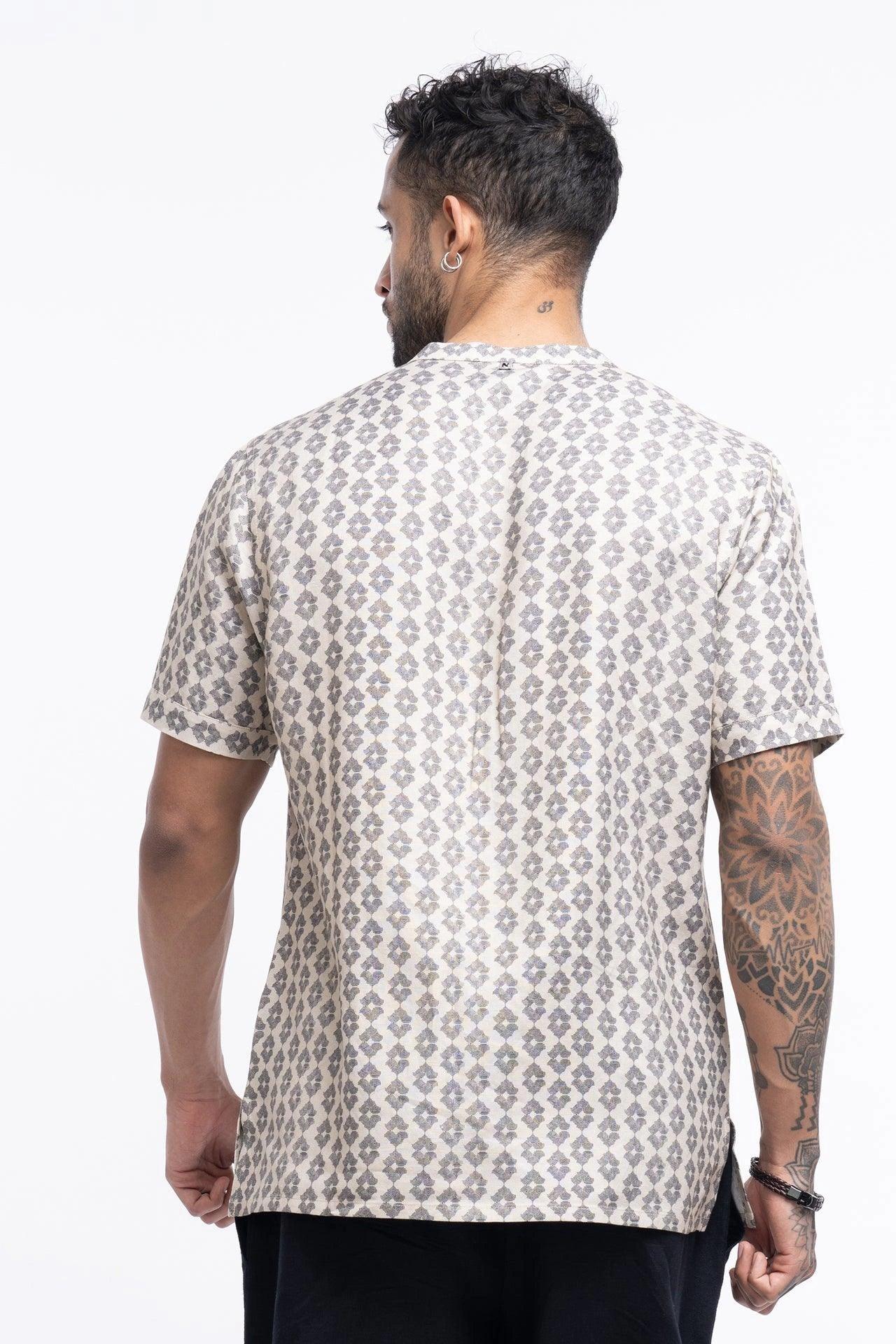 Knot button linen blend printed Qurta Shirt - NavNiv