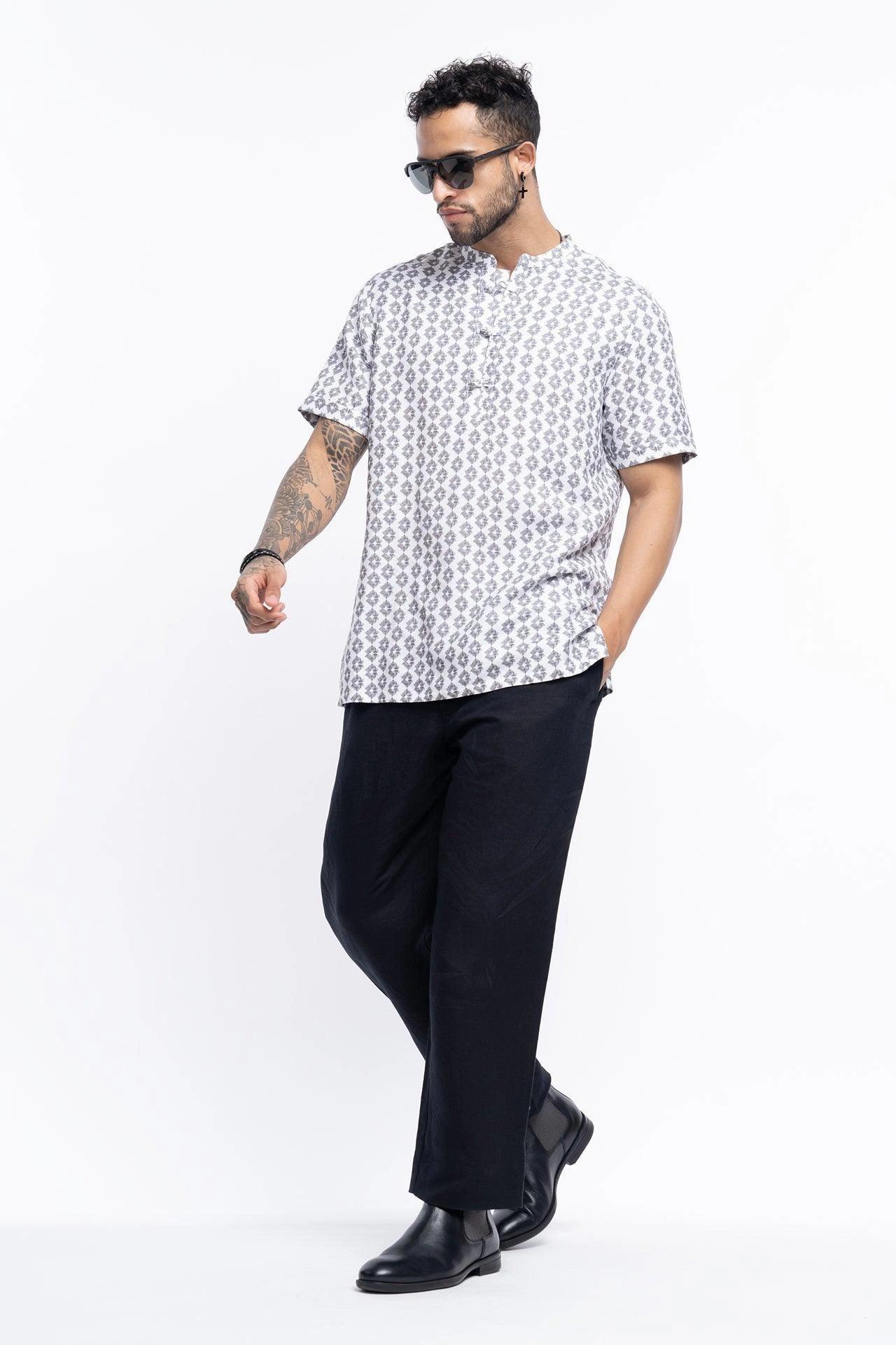 Knot button linen blend printed Qurta Shirt - NavNiv