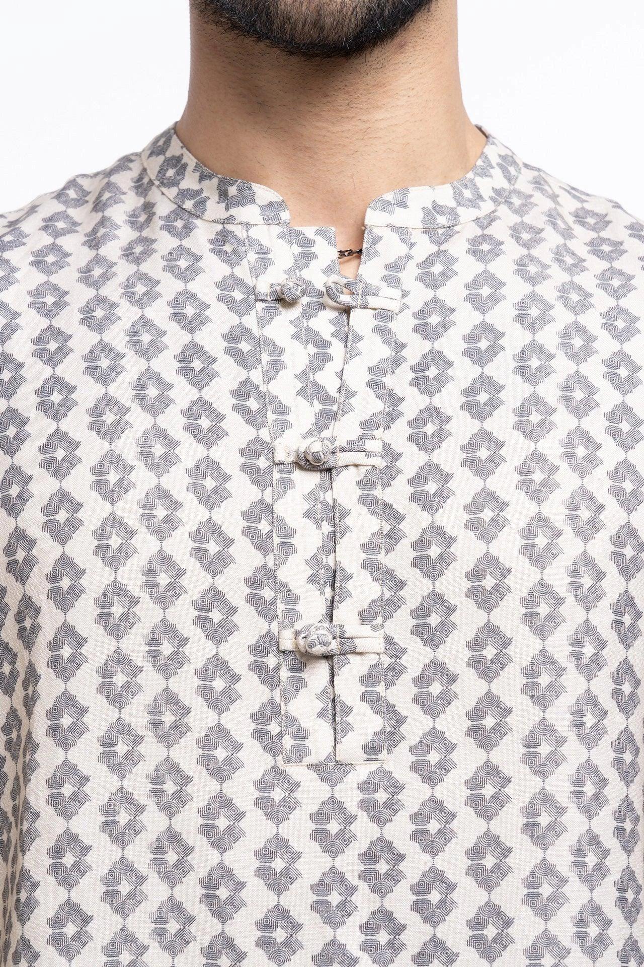 Knot button linen blend printed Qurta Shirt - NavNiv