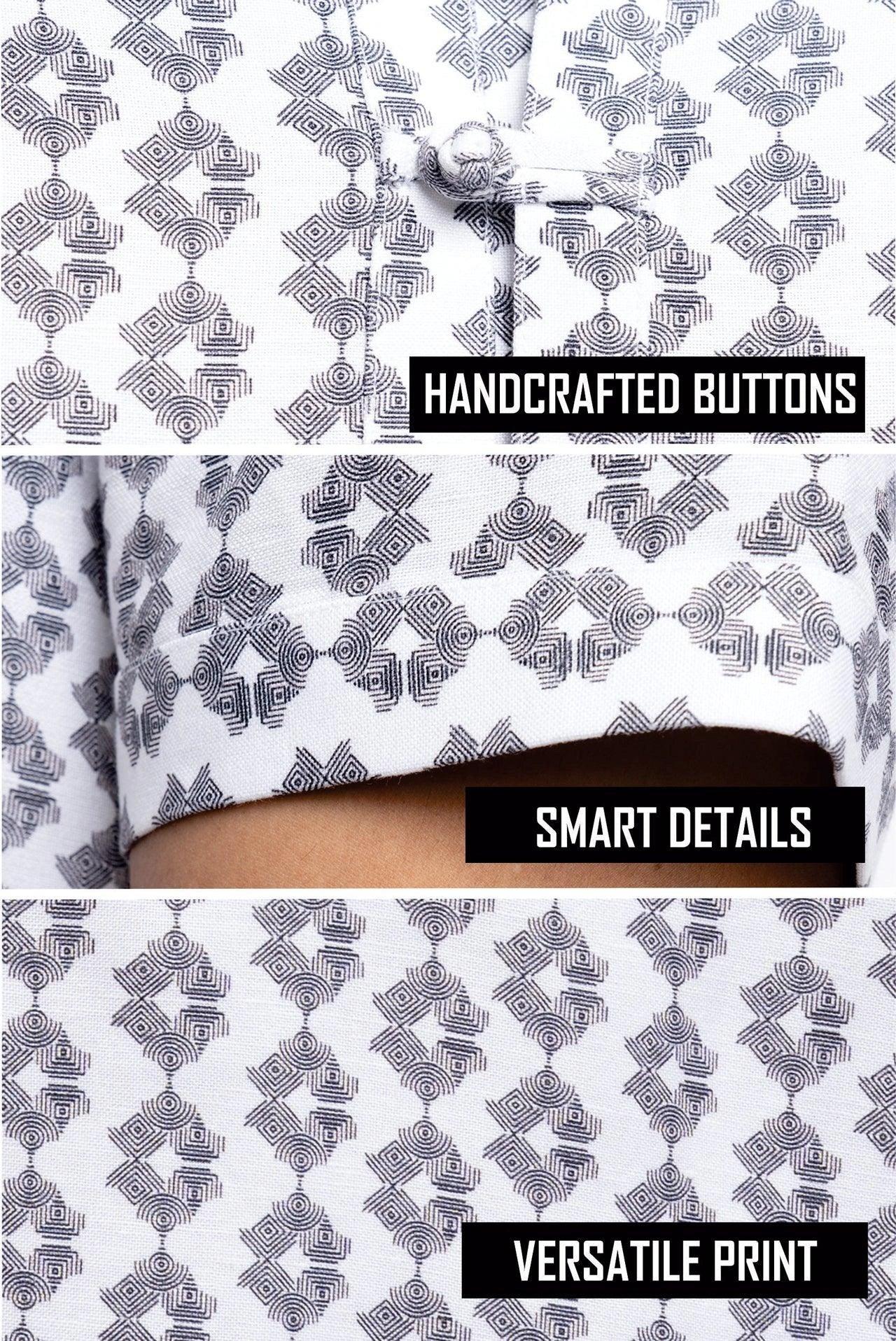 Knot button linen blend printed Qurta Shirt - NavNiv