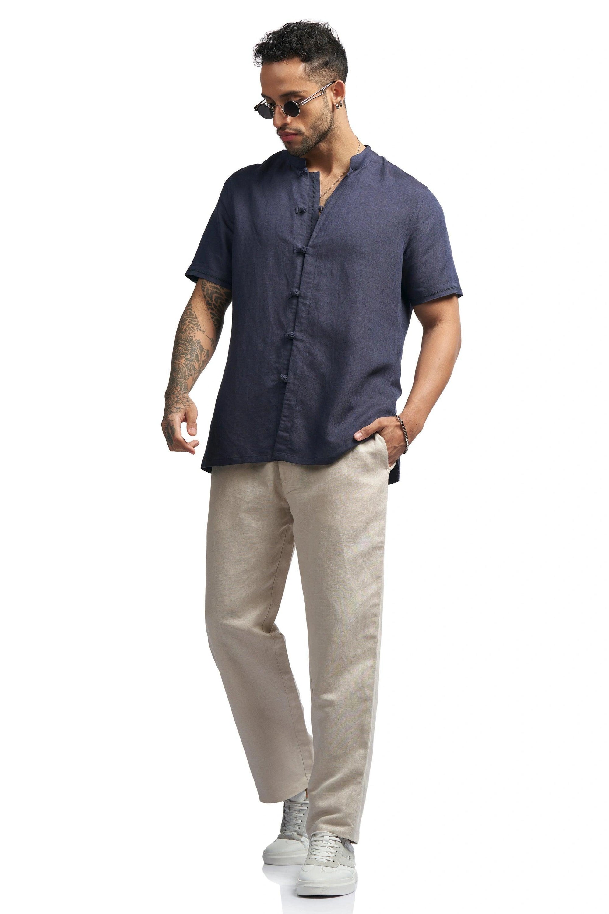 Linen blend Qurta Shirt with knot button closure &amp; embroidery - NavNiv