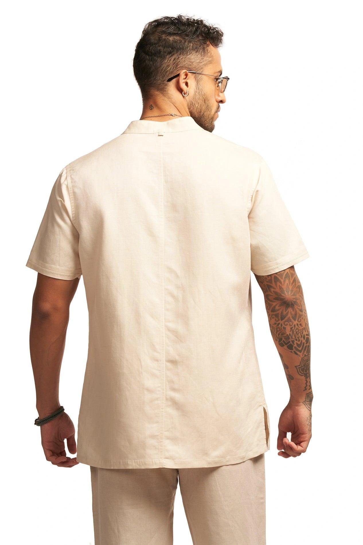 Linen blend Qurta Shirt with knot button closure & embroidery - NavNiv