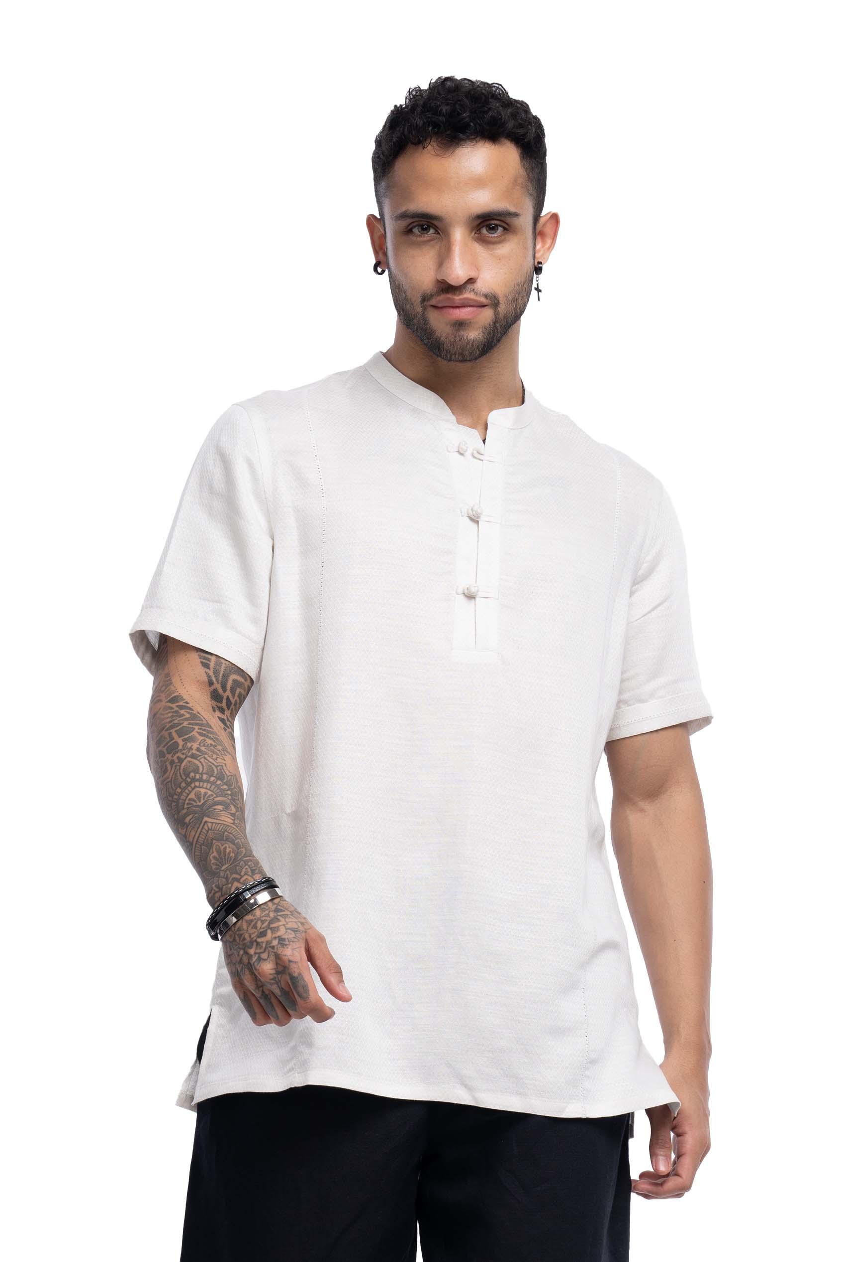 Linen blend Qurta Shirt with half-placket & embroidery - NavNiv