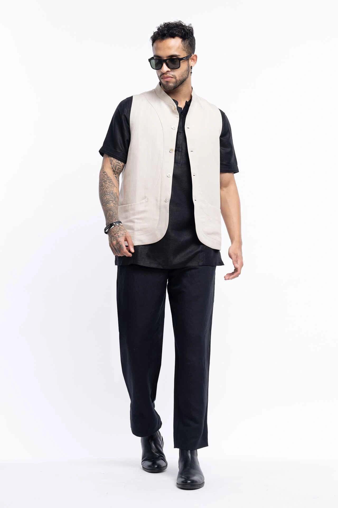 Linen blend Qurta Shirt with half-placket &amp; embroidery - NavNiv