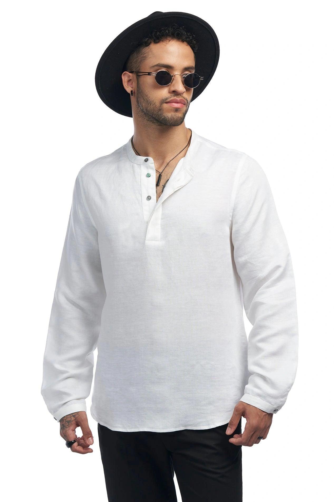 Linen blend Qurta Shirt with half-placket and rounded hem - NavNiv