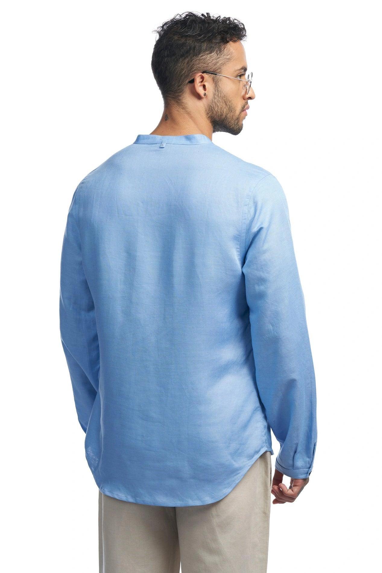 Linen blend Qurta Shirt with half-placket and rounded hem - NavNiv