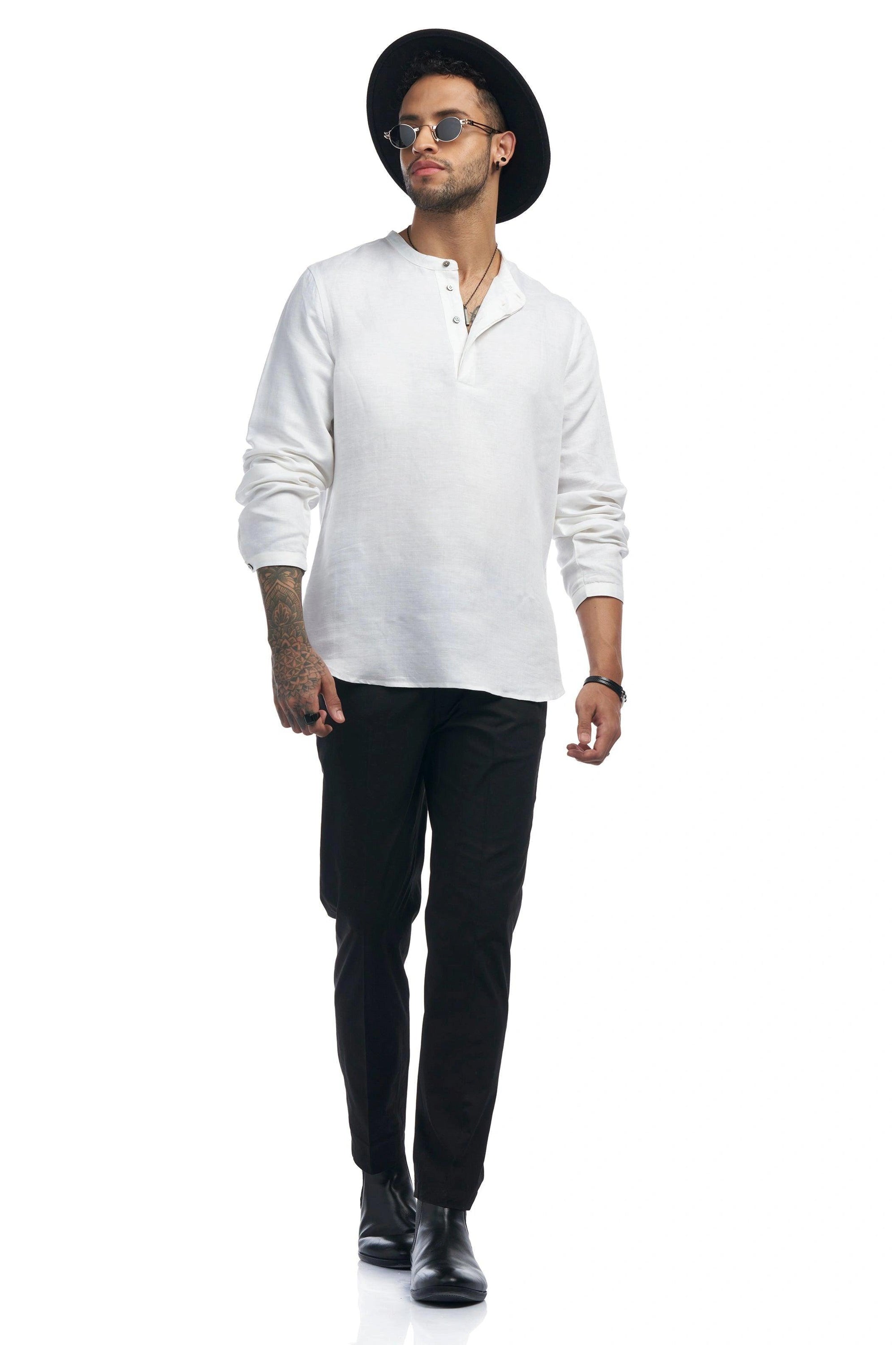 Linen blend Qurta Shirt with half-placket and rounded hem - NavNiv