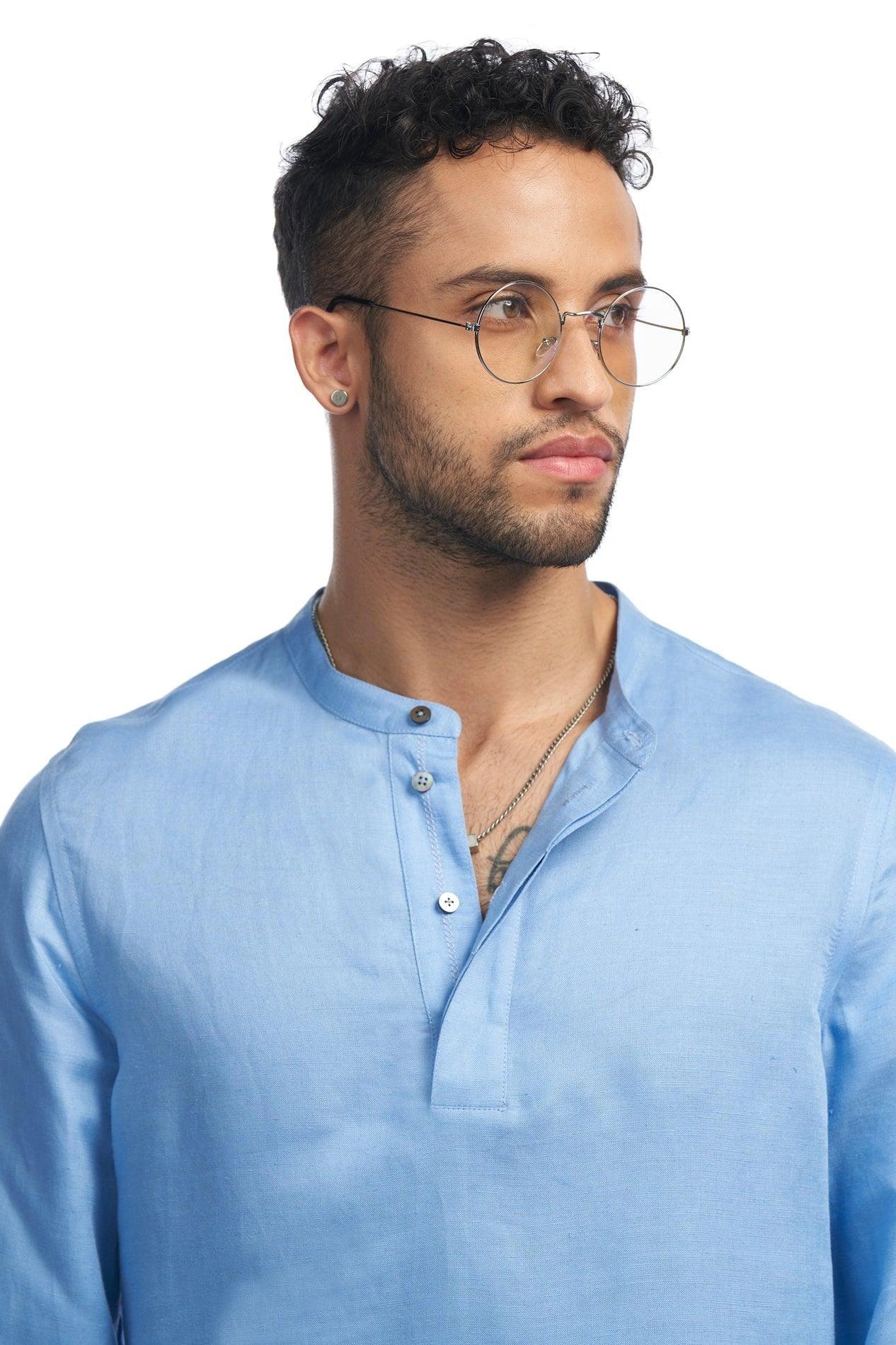 Linen blend Qurta Shirt with half-placket and rounded hem - NavNiv