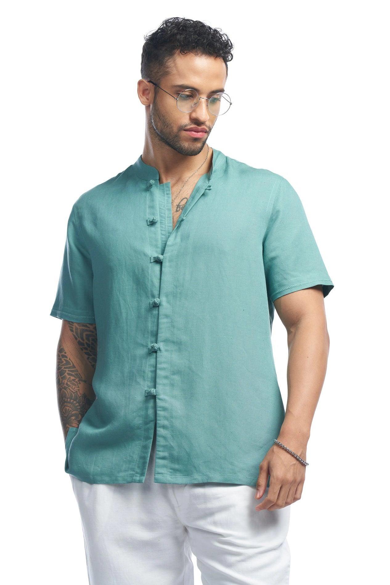 Linen blend Qurta Shirt with knot button closure &amp; embroidery - NavNiv