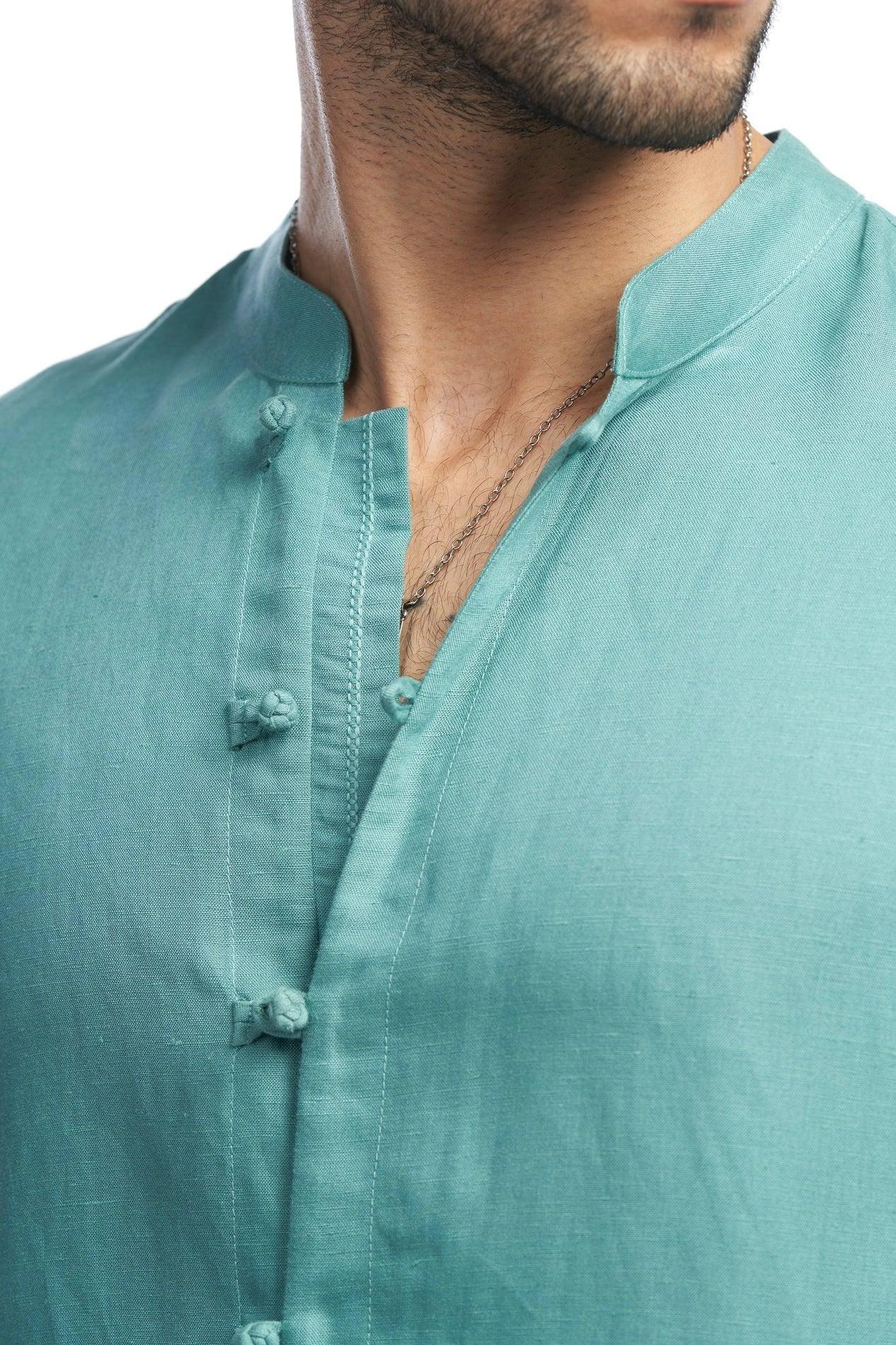 Linen blend Qurta Shirt with knot button closure &amp; embroidery - NavNiv