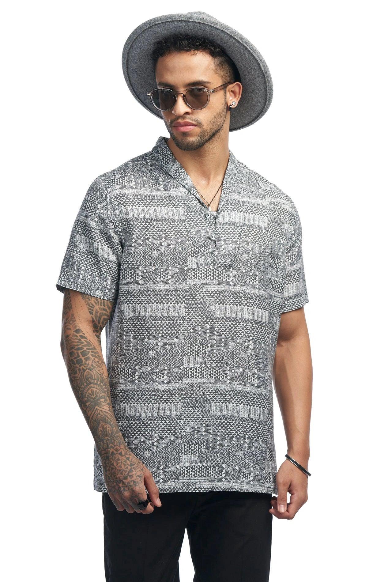 Shawl collar linen blend printed Qurta Shirt - NavNiv