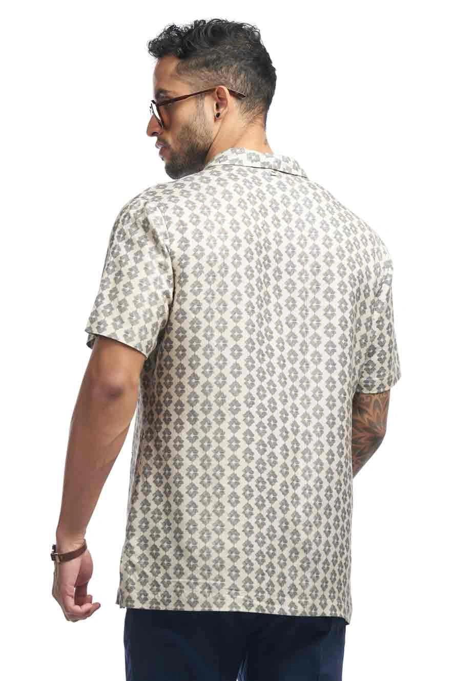 Shawl collar linen blend printed Qurta Shirt - NavNiv