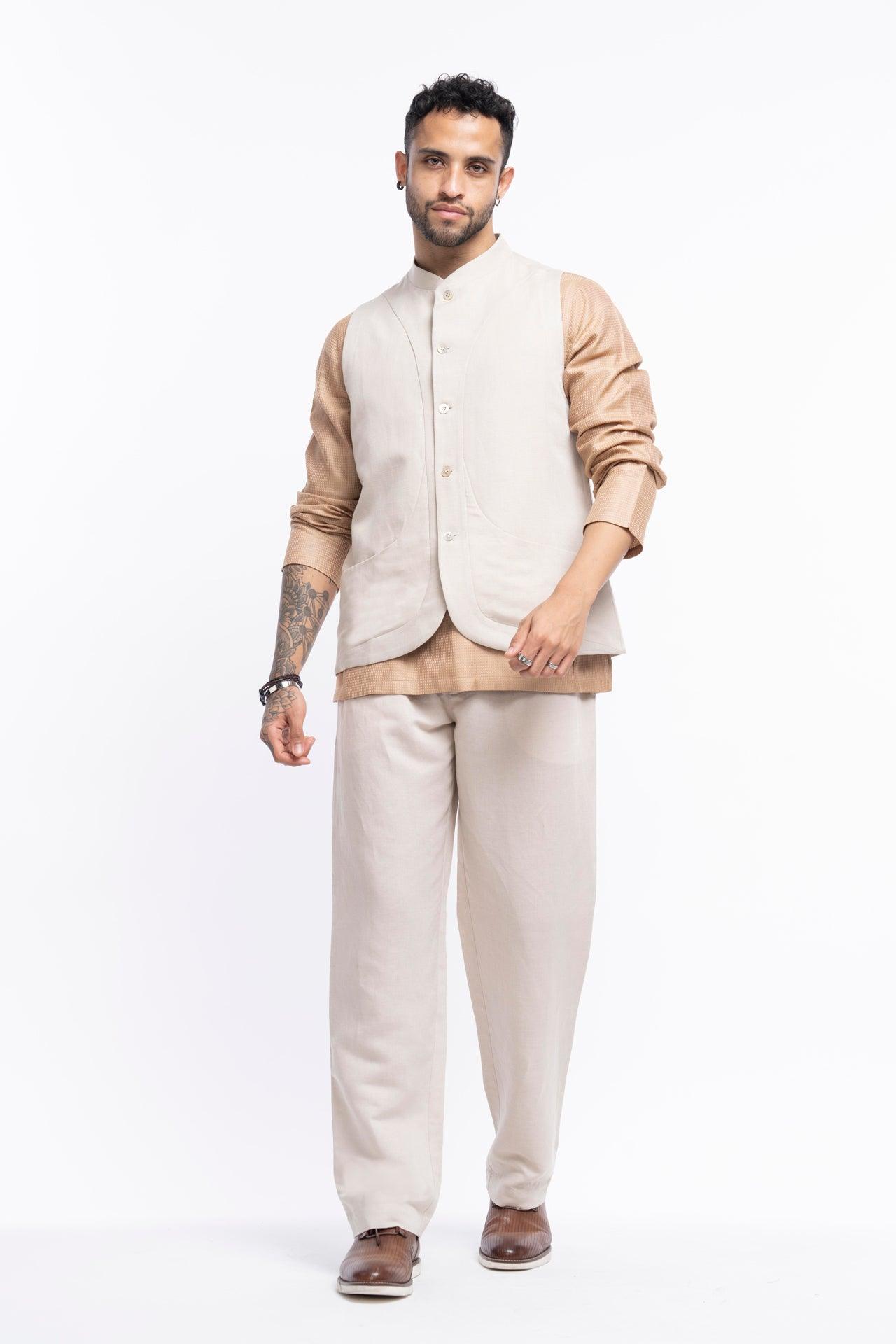 Solid linen blend sleeveless Shacket with panel pockets - NavNiv